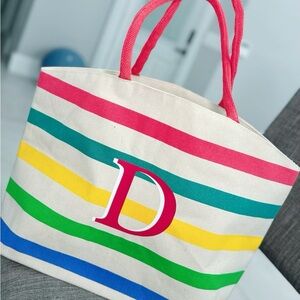 Striped Canvas Tote Bag with Pink Handles
